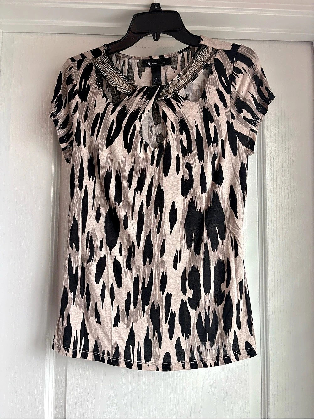 INC International Concepts Animal Print Short Sleeve Top in Pink & Black Medium